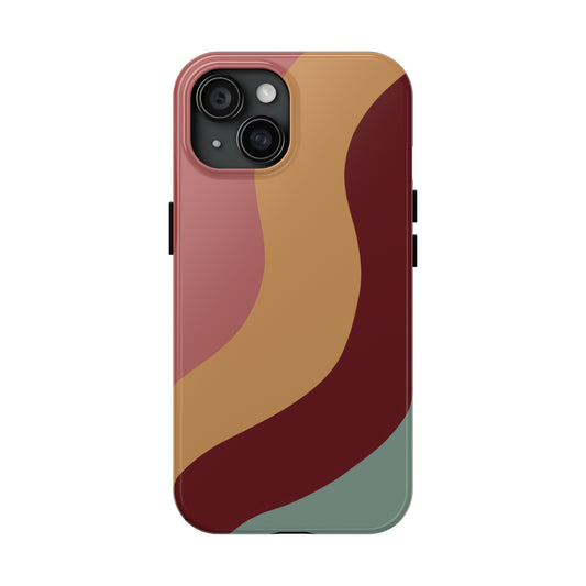 Phone case with Dusty Pink, muted mustard yellow, Red Burgundy, and muted teal in a loose wave