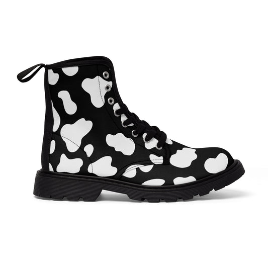 Black platform sneaker boots with white cow print reverse cow print all over pattern