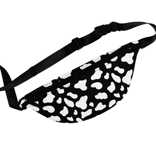 Black Fanny pack with white cow print. reverse cow print all over pattern