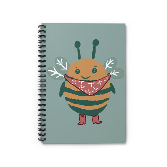 Bee with cowboy boots and pink handkerchief. On a muted teal background 