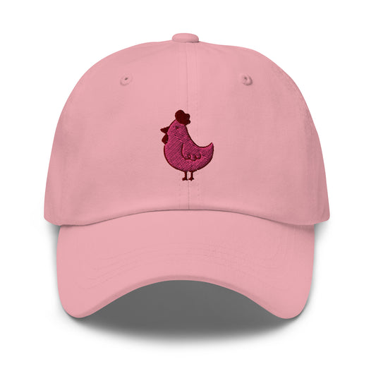 Light, pink baseball cap with embroidered hot pink chicken