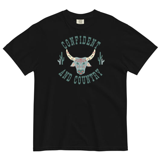 Black T-shirt with the word confident underneath it a picture of  a bull Underneath the words and Country. Little cacti On each side of the bull To balance out the design. 