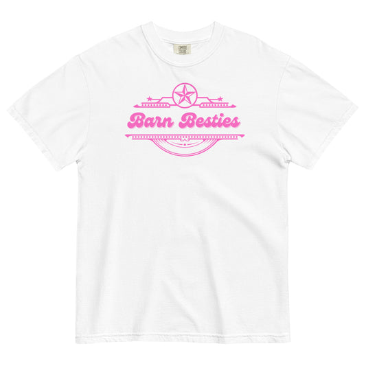 White tee with the words barn besties on the front and hot pink with the western border around the words