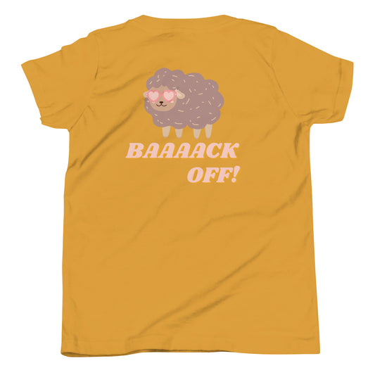 Bright, burnt yellow shirt with cartoon sheep graphic. The sheep is brown purple with light pink heart sunglasses. And the words back off underneath the sheep. Back spelled with 4 “a”s.
